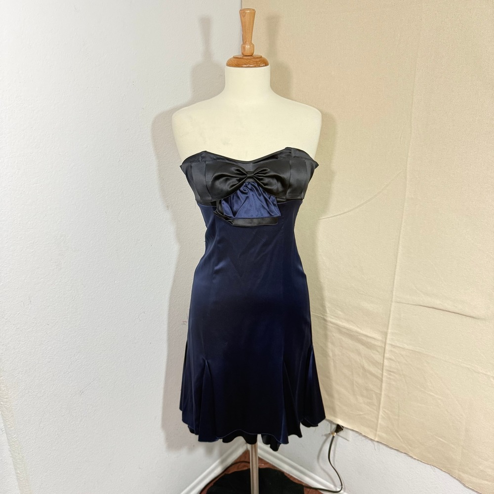 Bebe Womens Strapless Satin Bow Cocktail Dress Navy Black Two Tone Mini